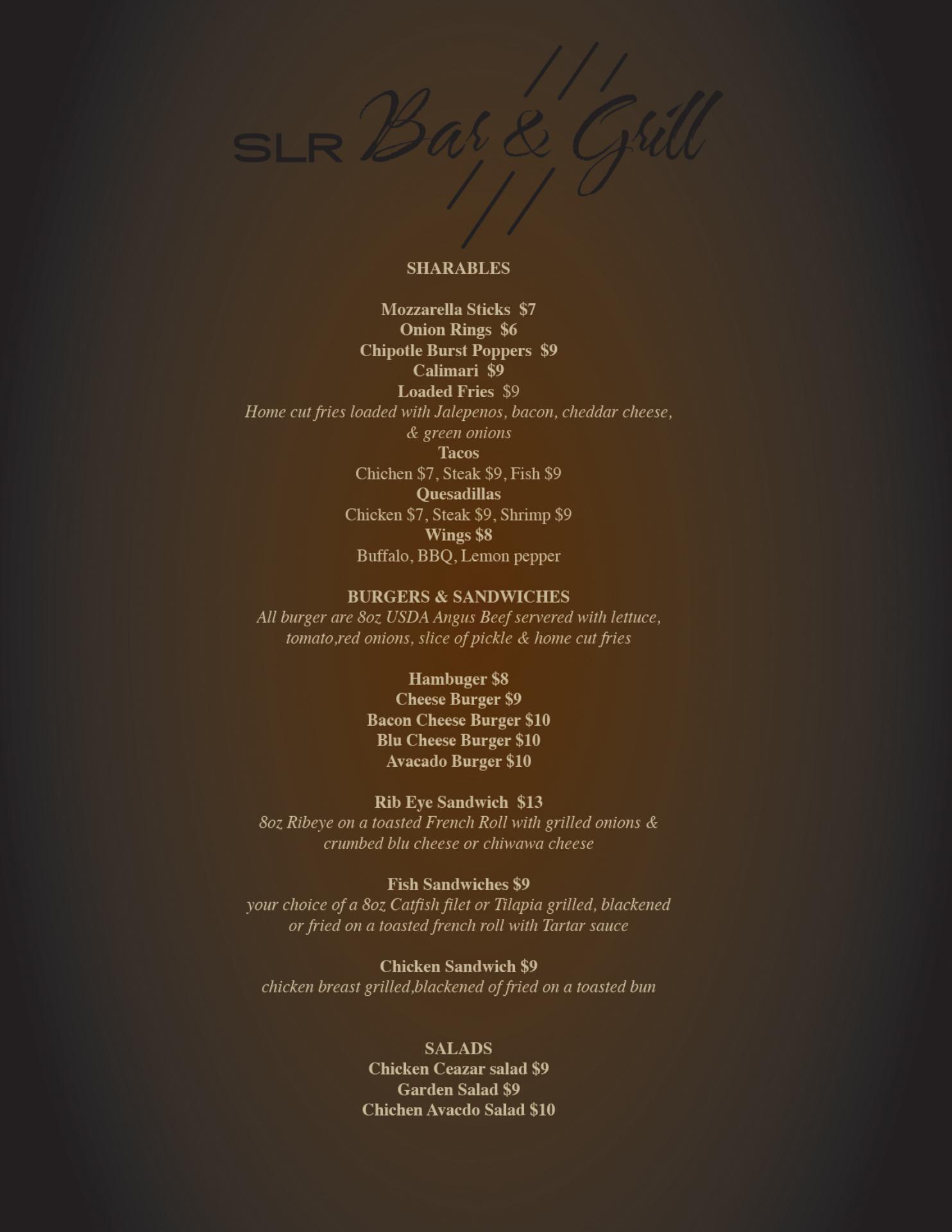SLR Bar & Grill Menu