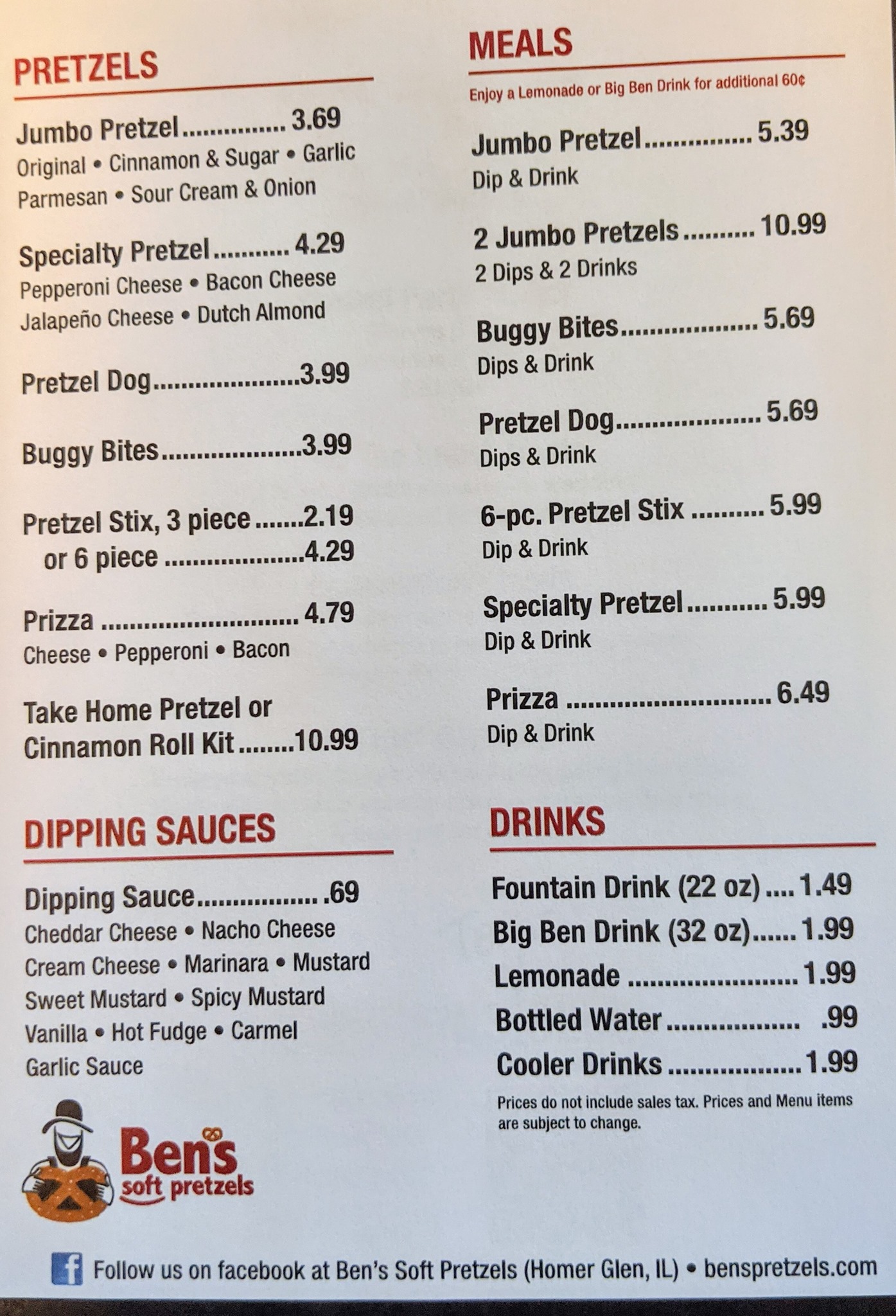 Ben's Soft Pretzels Menu