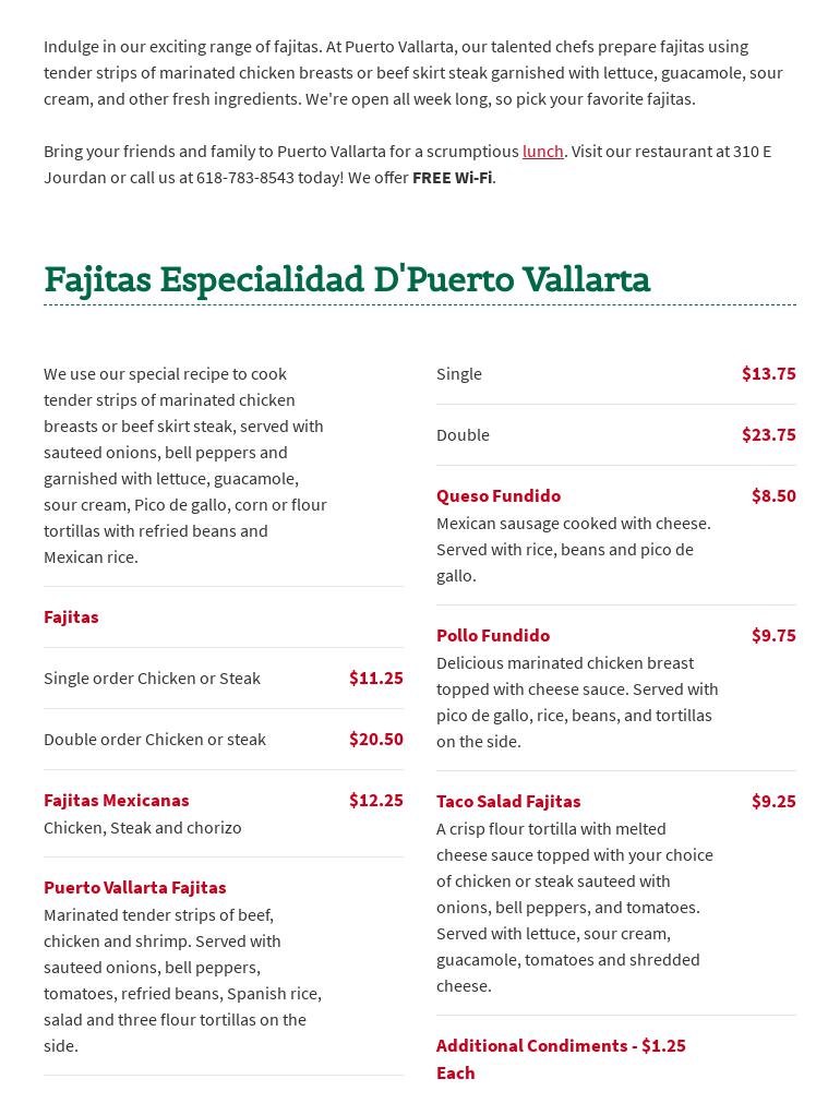 Puerto Vallarta Restaurant Menu