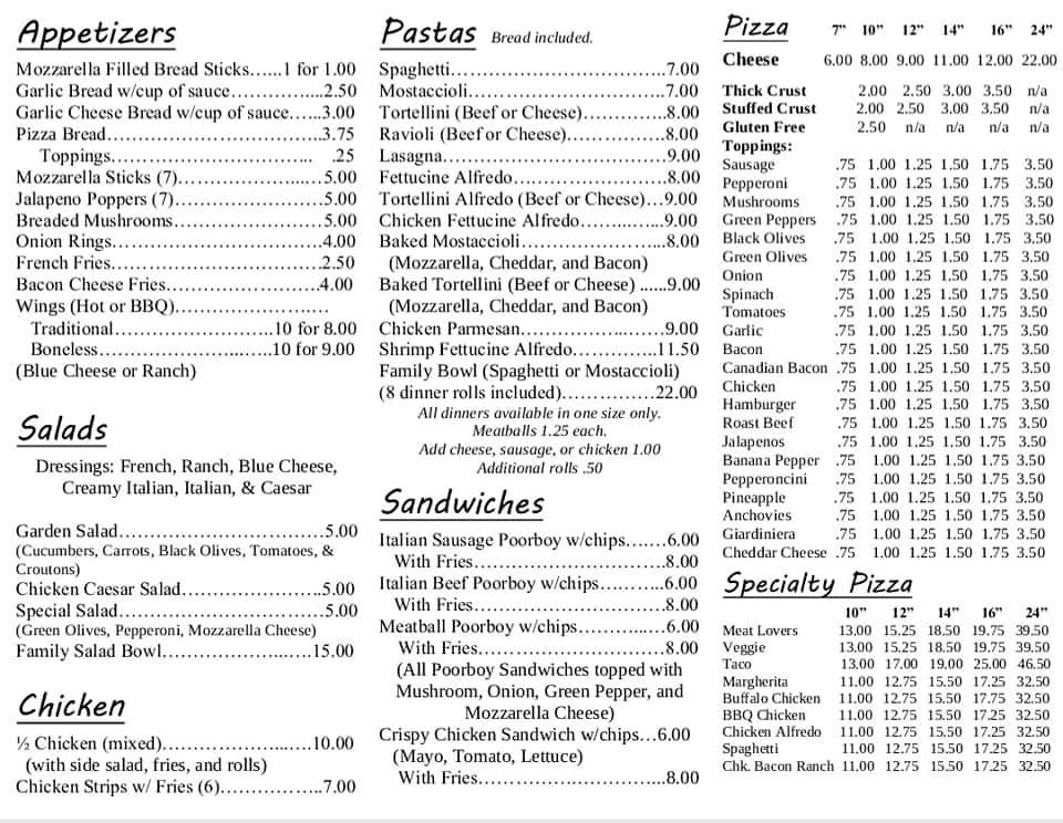 Cimino's Pizza Menu