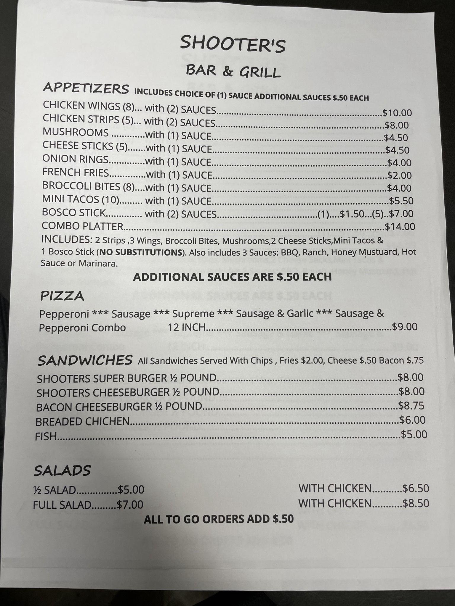Shooters Bar & Grill Menu