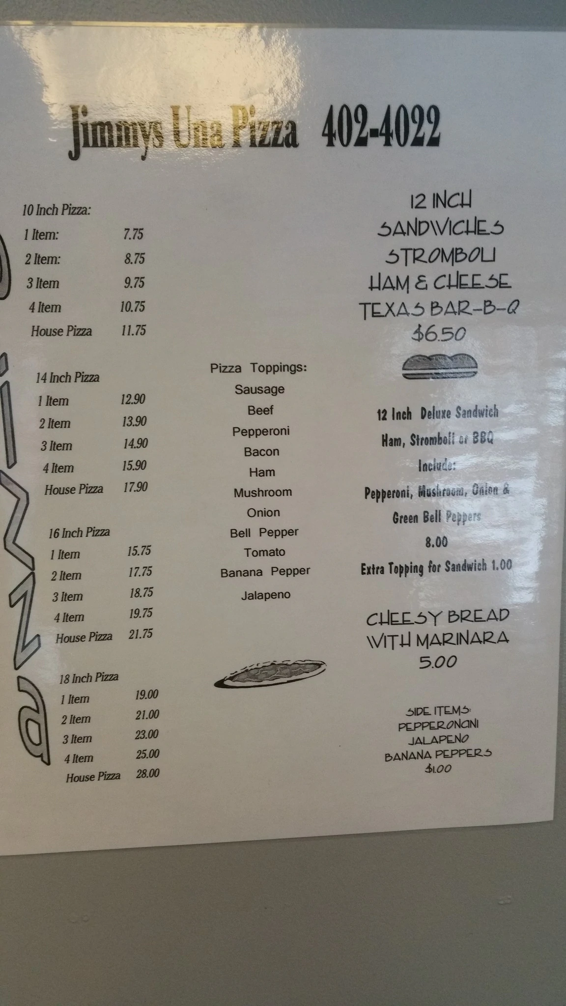 Jimmy's UNA Pizza Menu