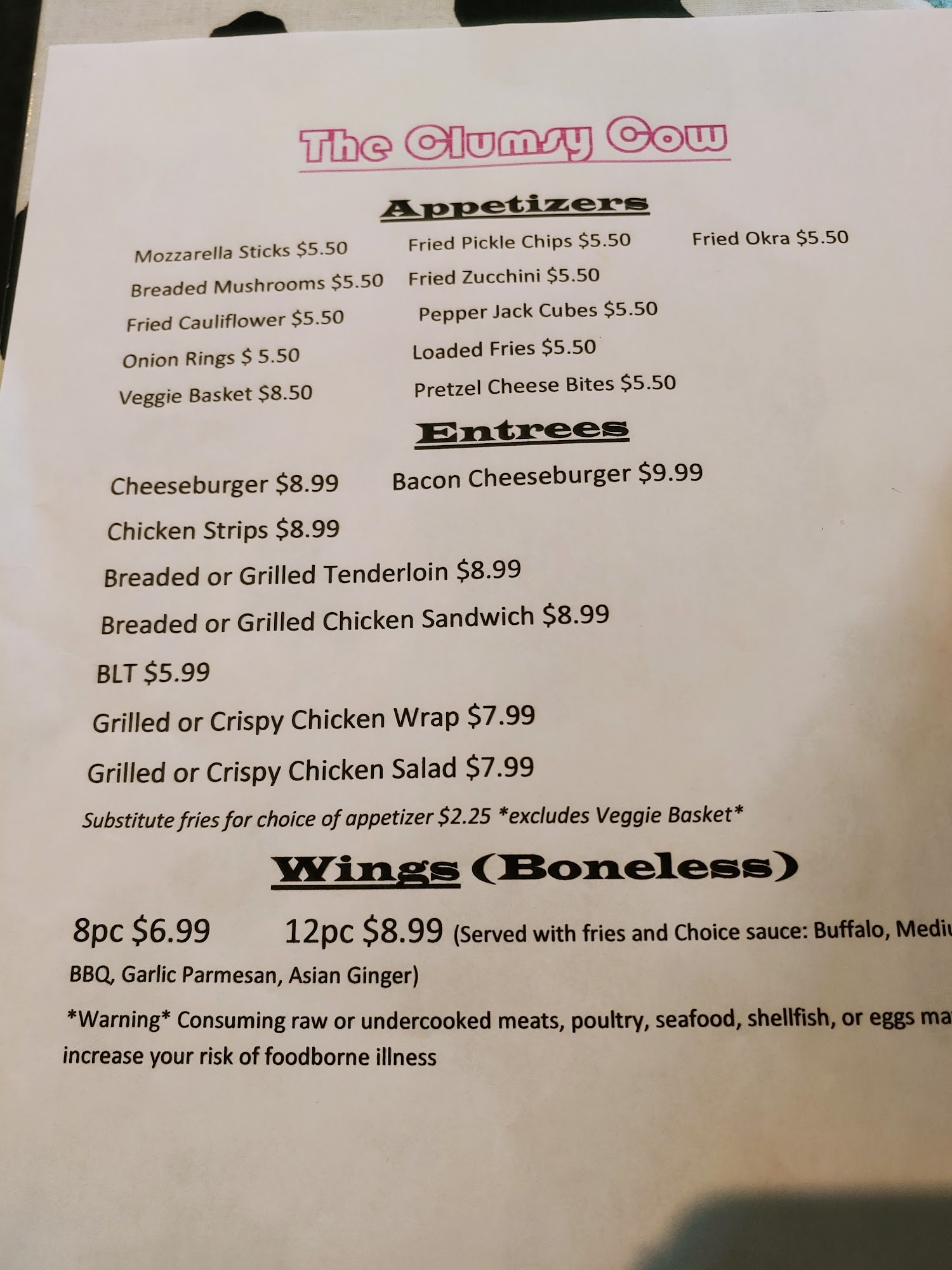 The Clumsy Cow Menu