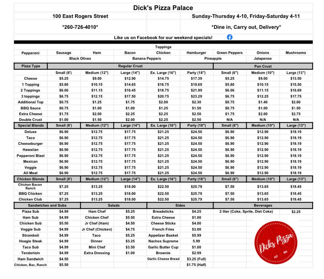 Dick's Pizza Palace Menu