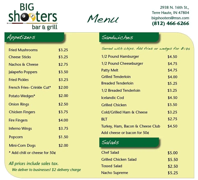 Big Shooters Menu