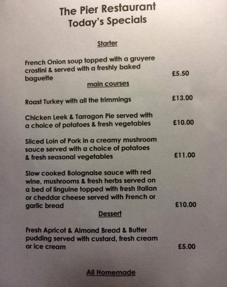 The Pier Hotel Menu