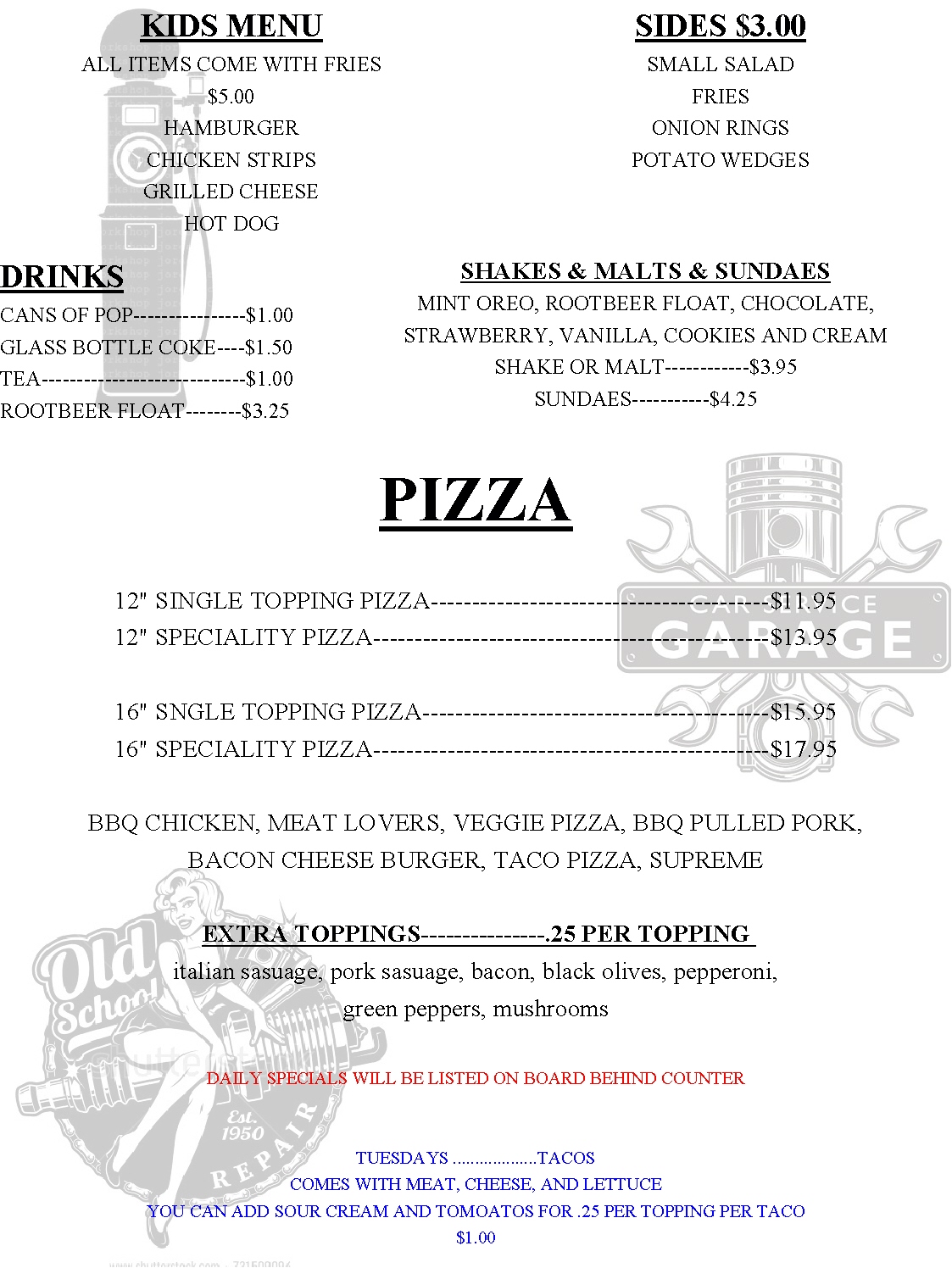 The filling station Menu