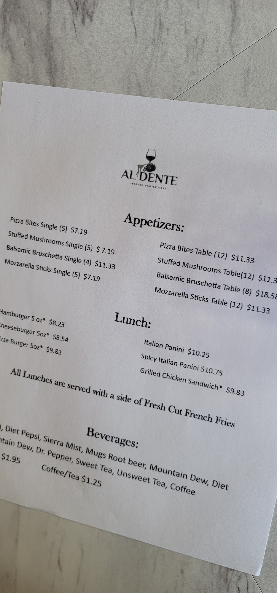 Al Dente Cafe Menu