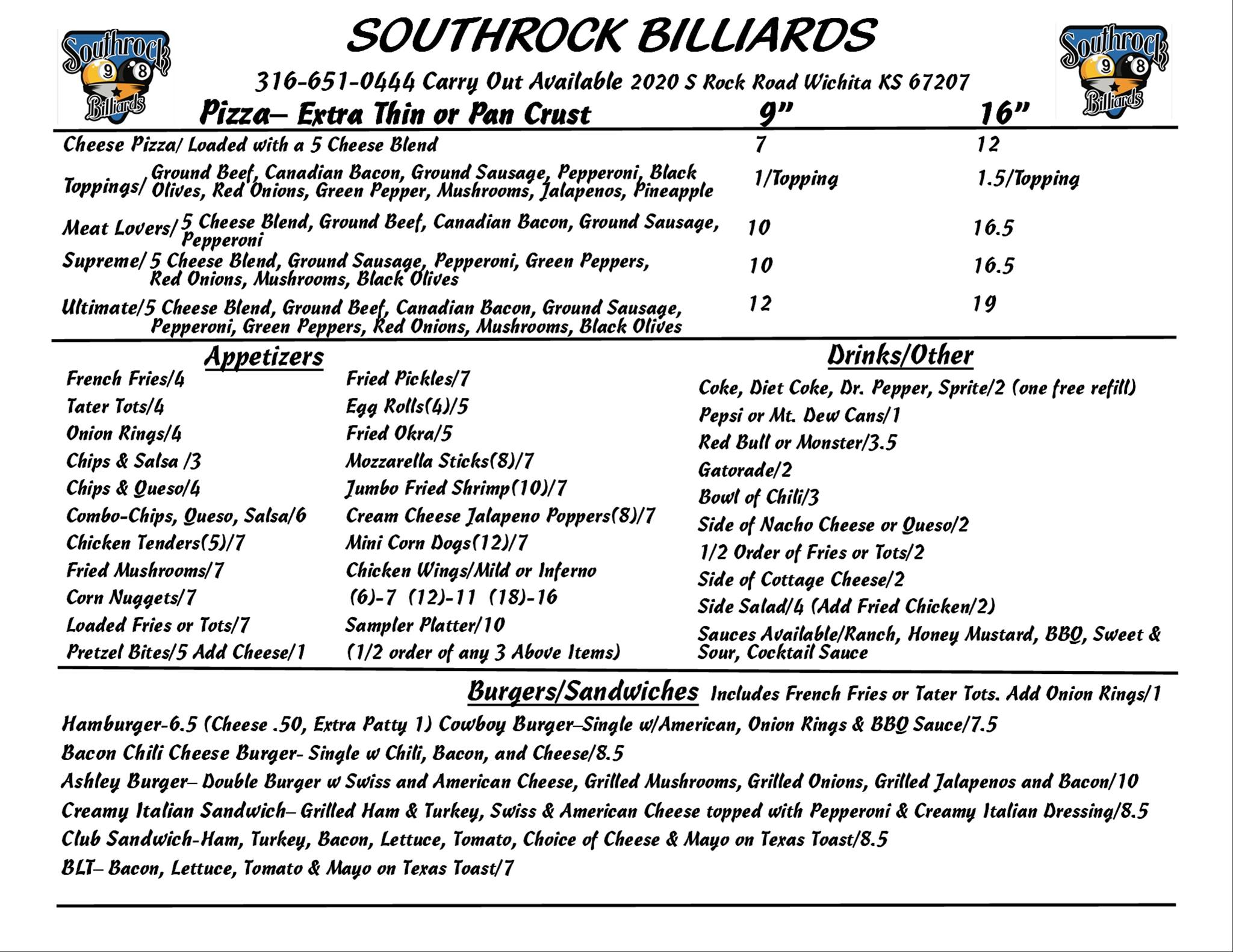 Southrock Billiards & Sports Bar Menu