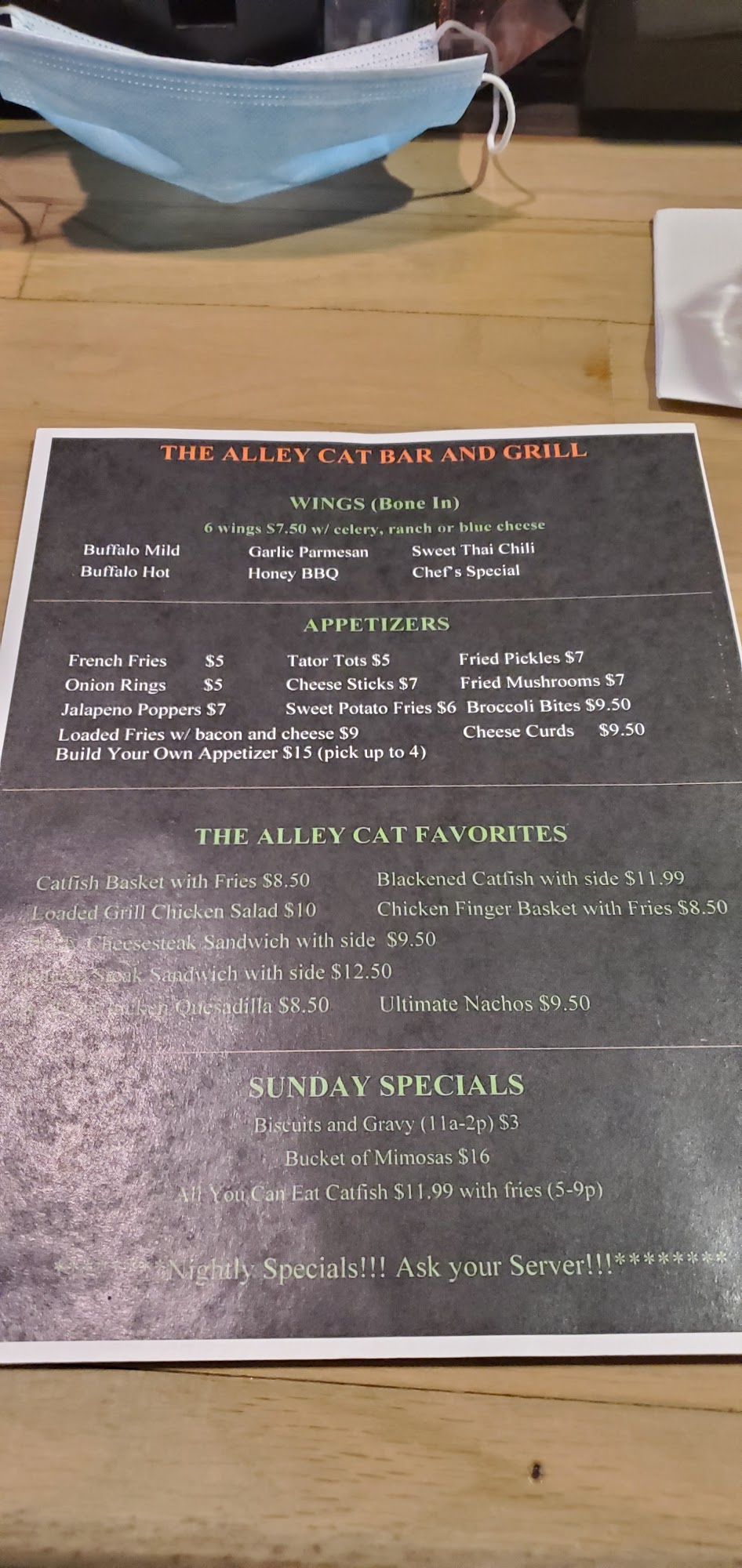 Alley Cat Bar and Grill Menu