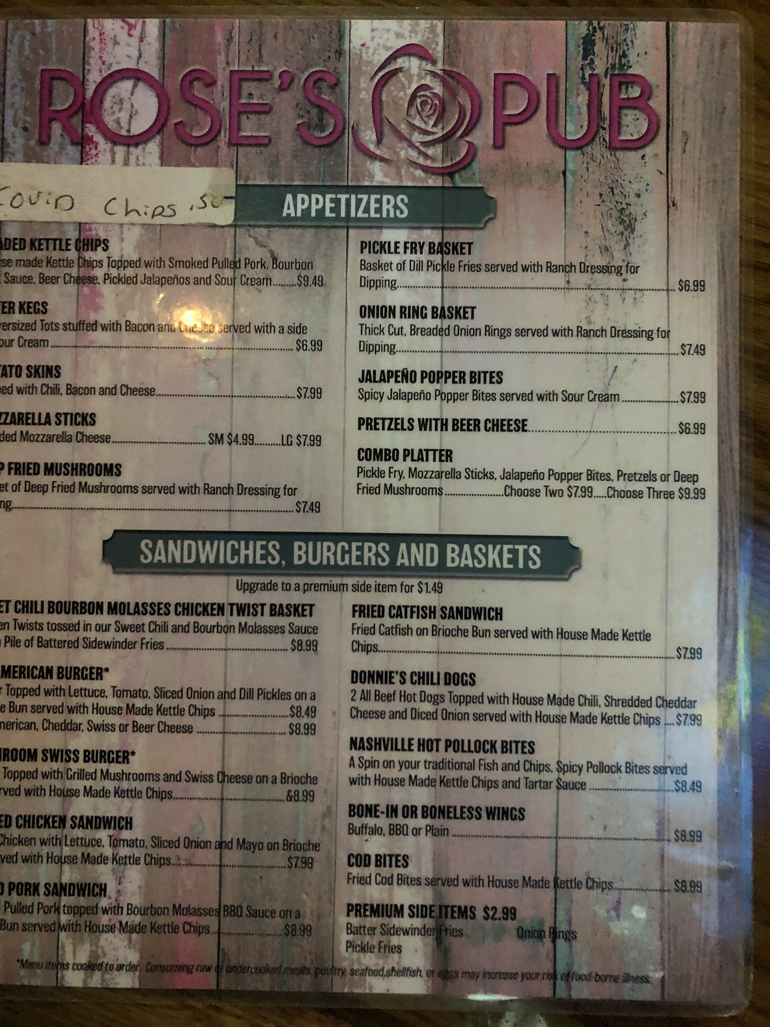 Rose's Pub Menu
