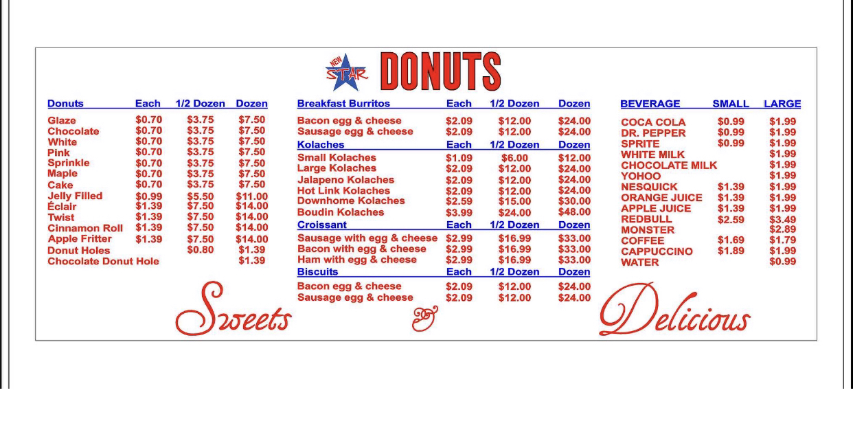 New star donuts Menu