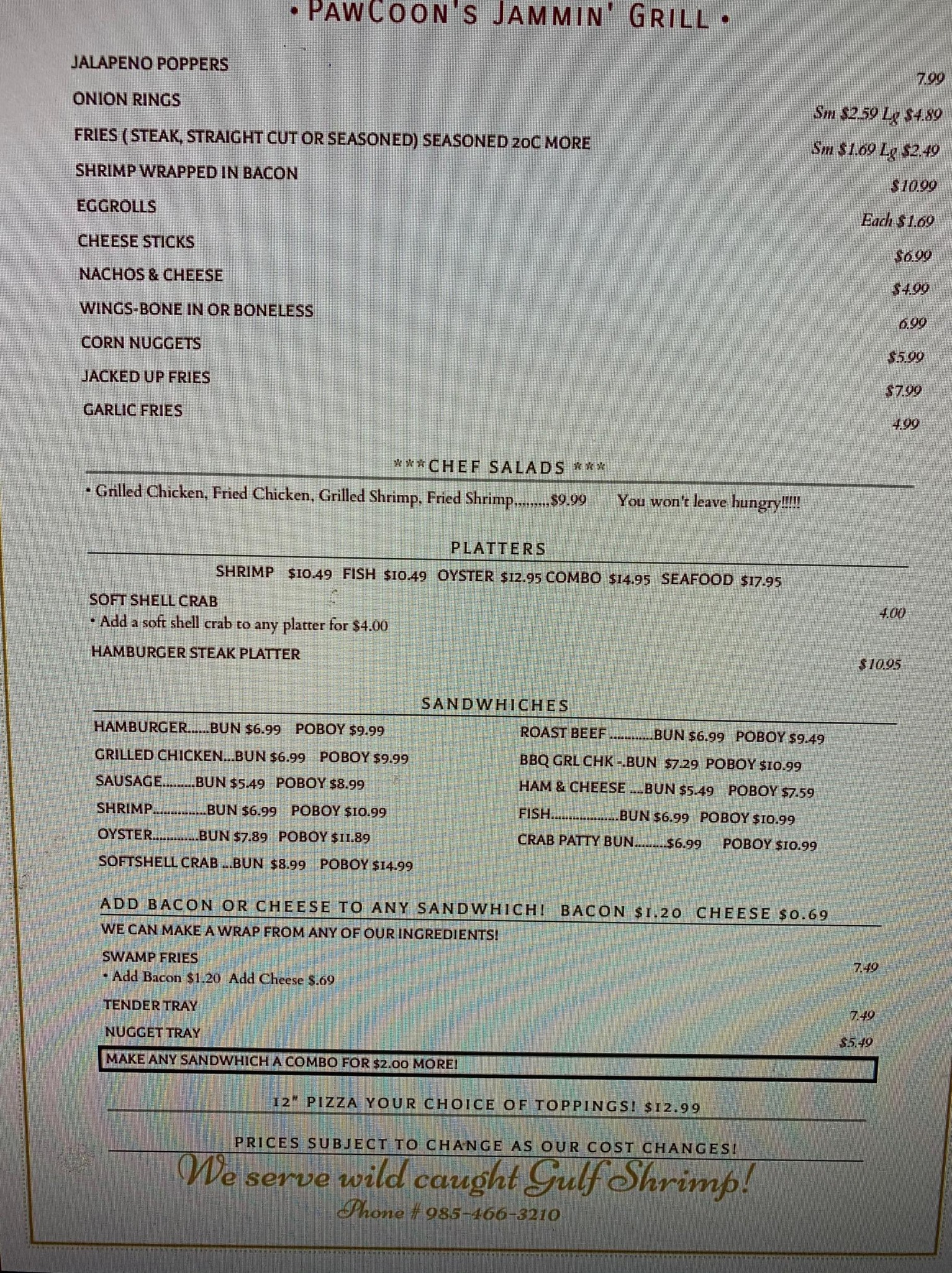 Paw Coons Jammin Grill Menu