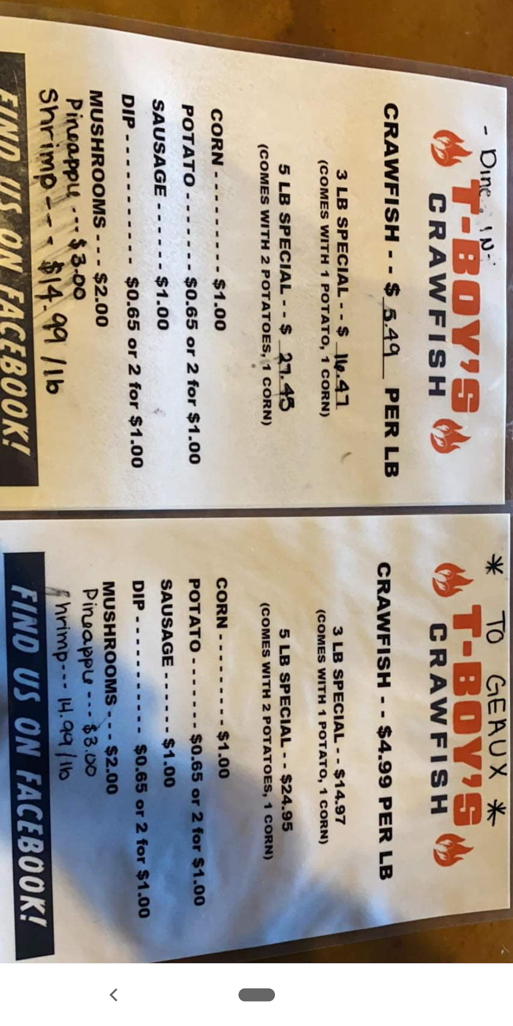 T-Boy's Crawfish Menu