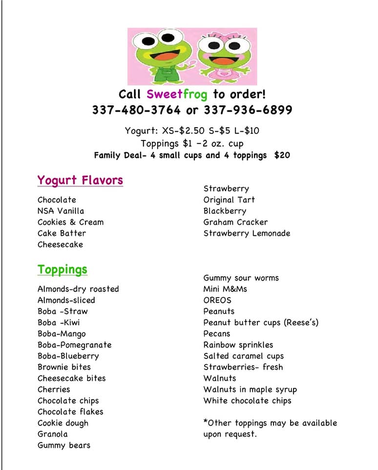 Sweet Frog Menu
