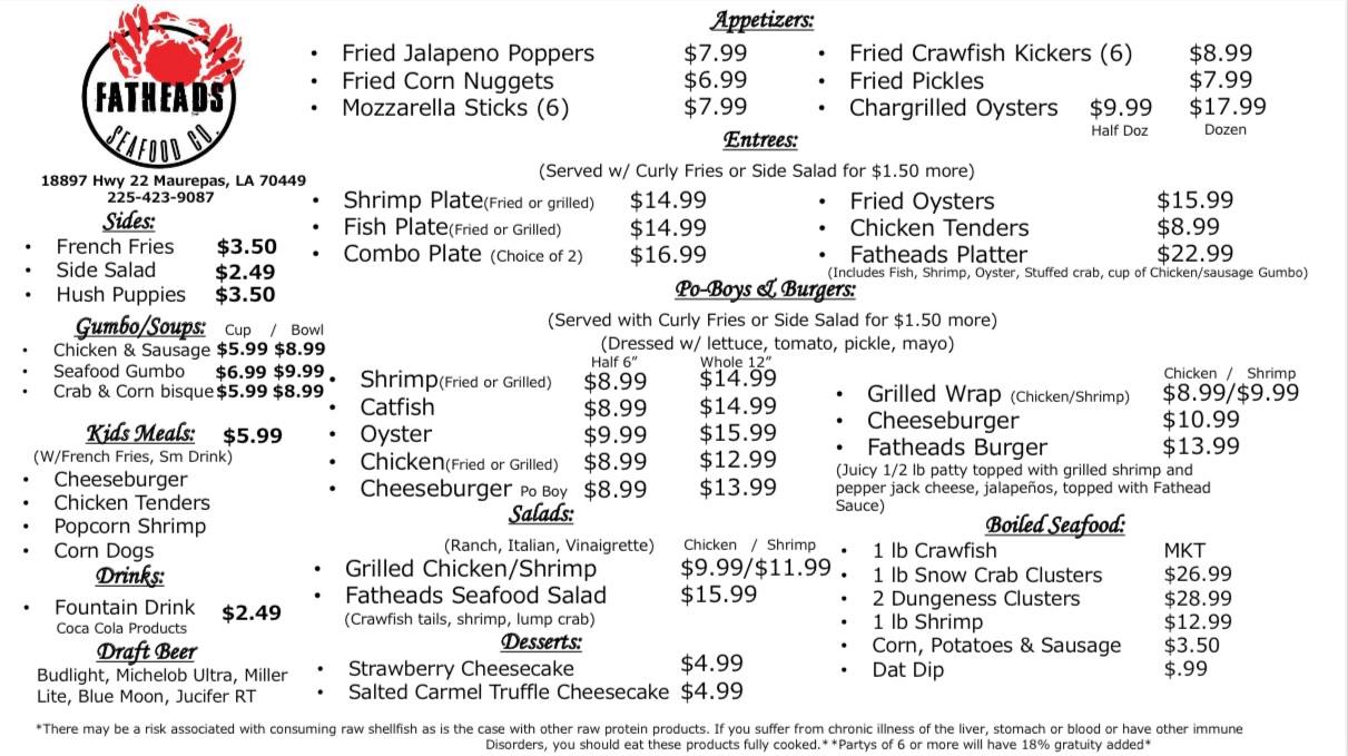 Fatheads Seafood Co. Menu