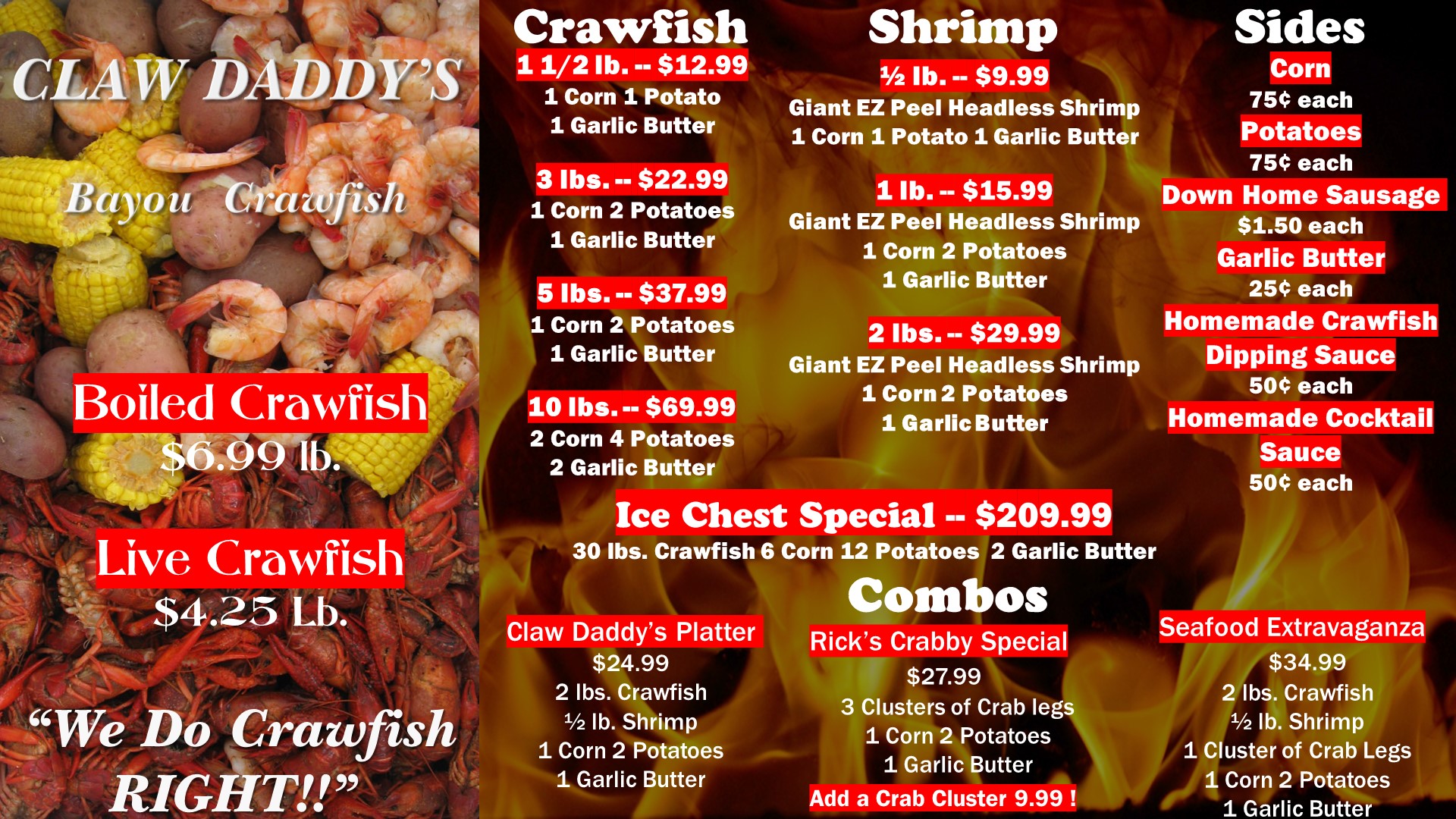 Clawdaddys Bayou Crawfish Menu