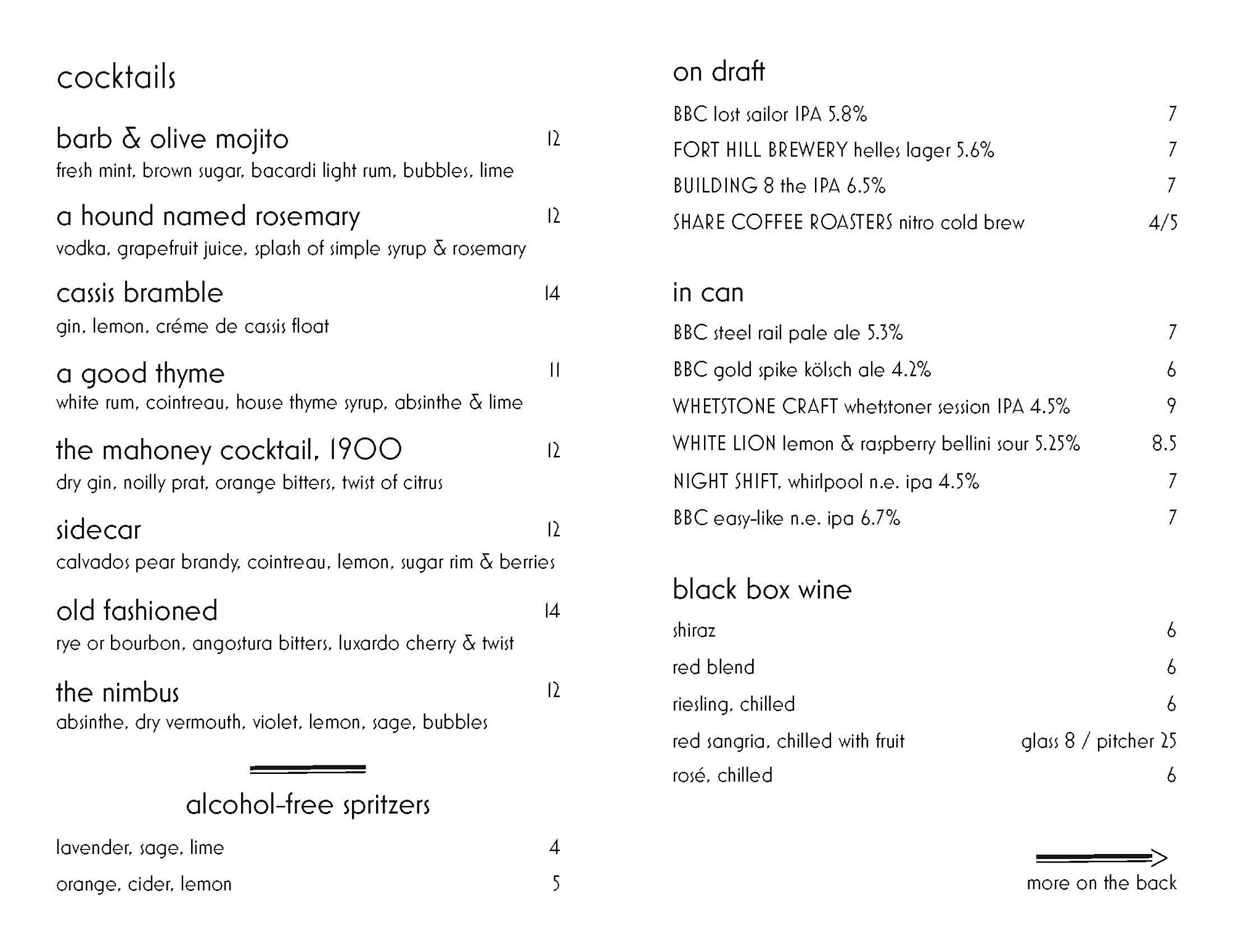 The Barb & Olive at Northampton Bicycle Menu