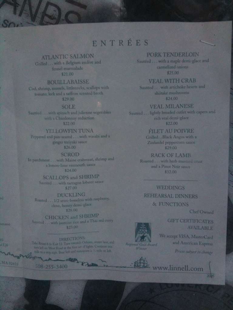 Captain Linnell House Menu