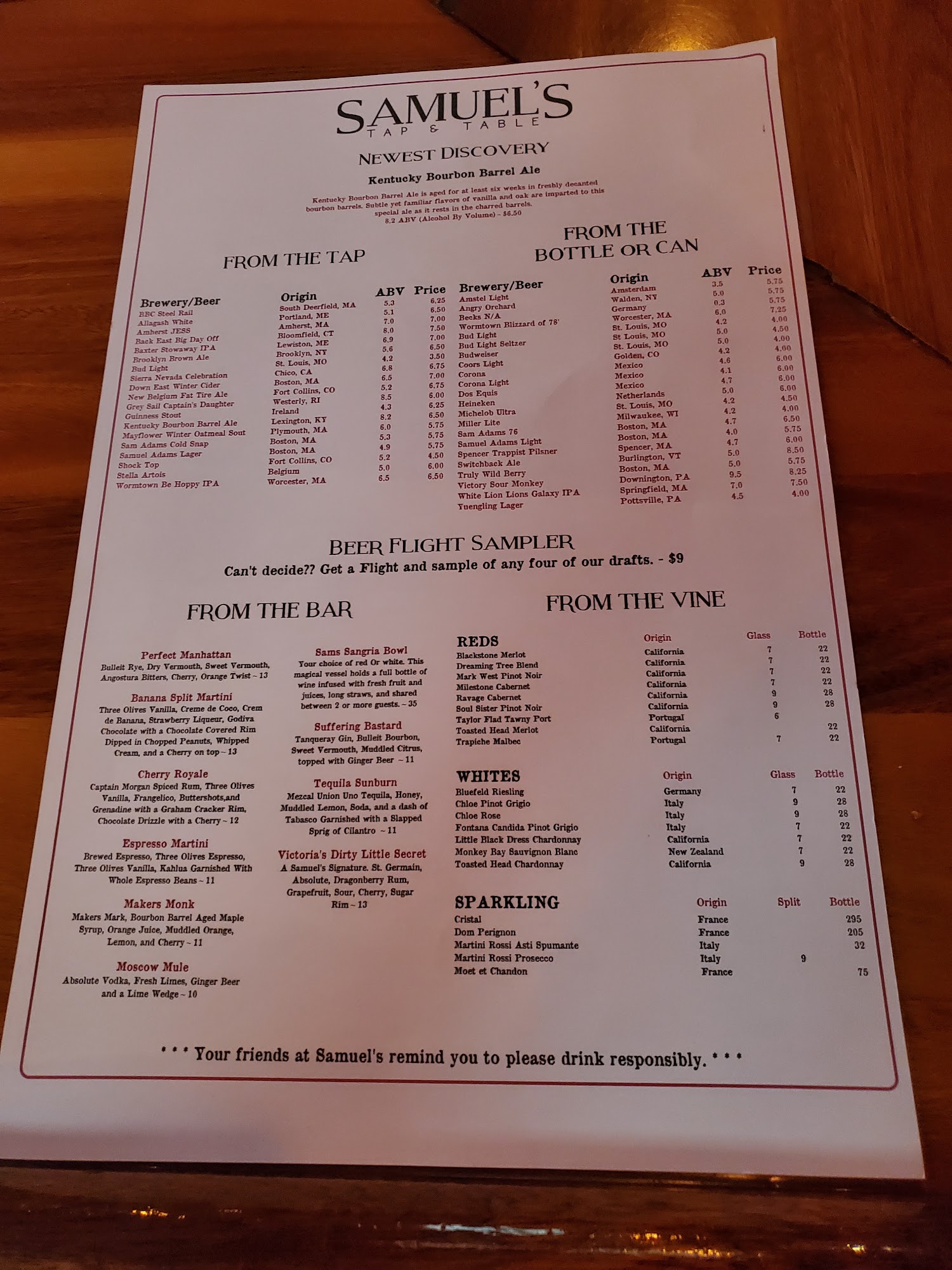 Samuel's Tap & Tavern Menu