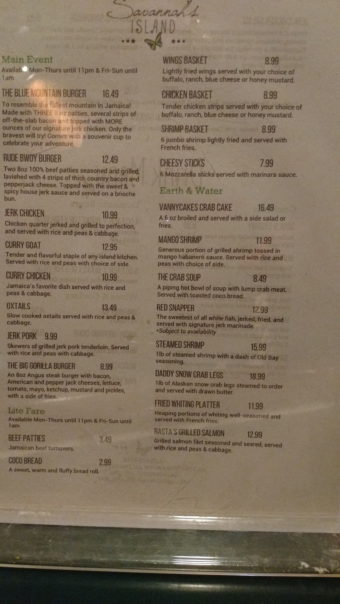 Savannah's Island Bar And Grill Menu