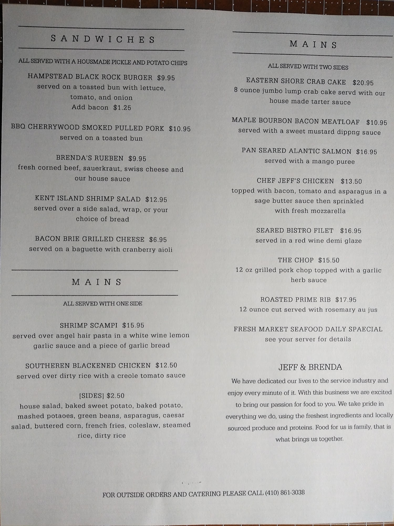 The Chef Jeff Experience at J&B Restaurant Menu