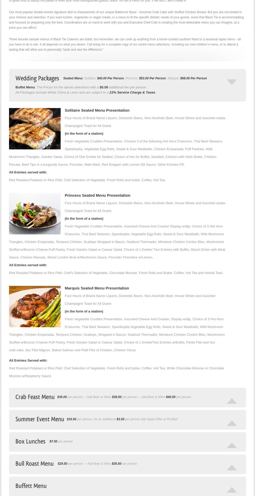 Black Tie Caterers Menu