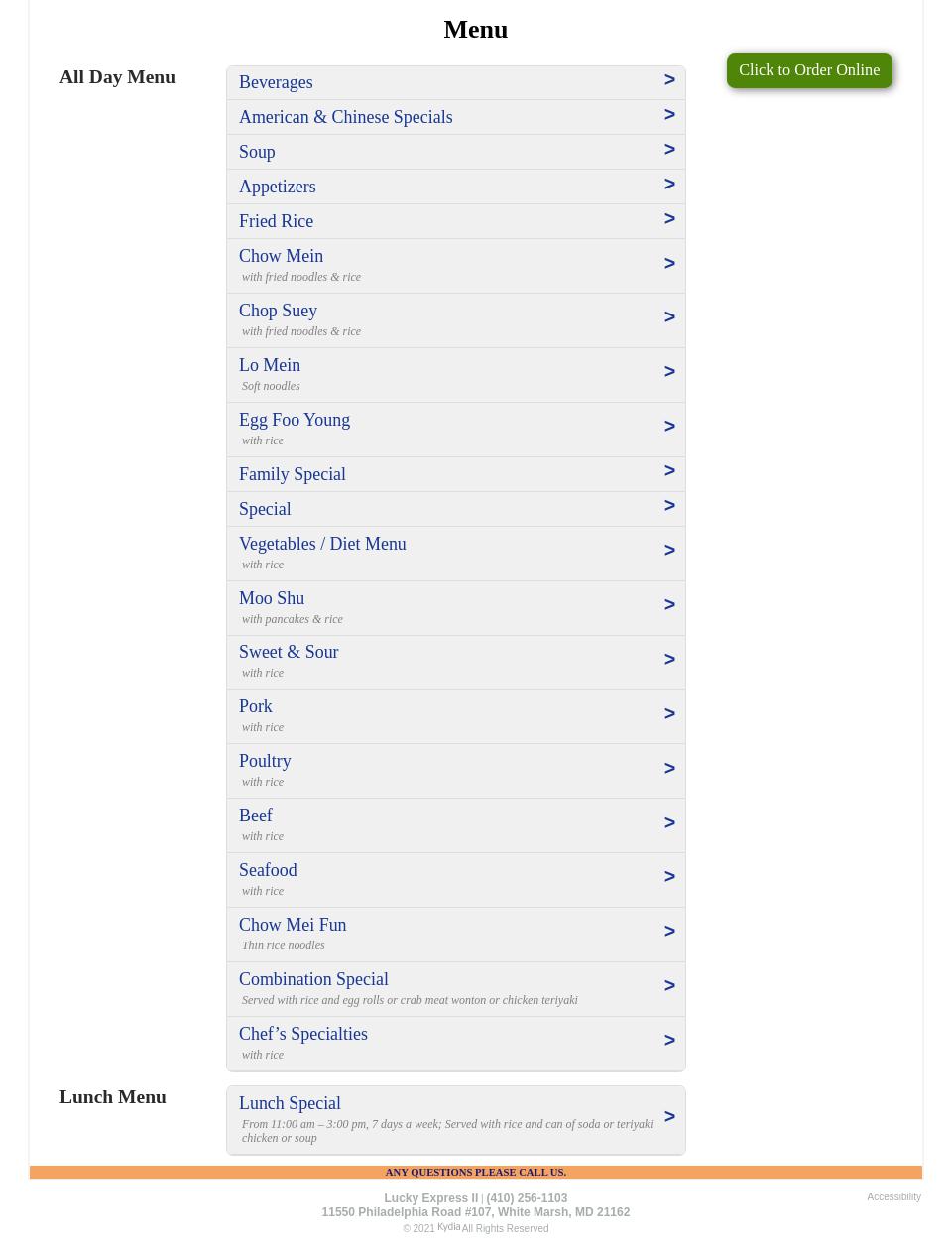 Lucky Express II Menu