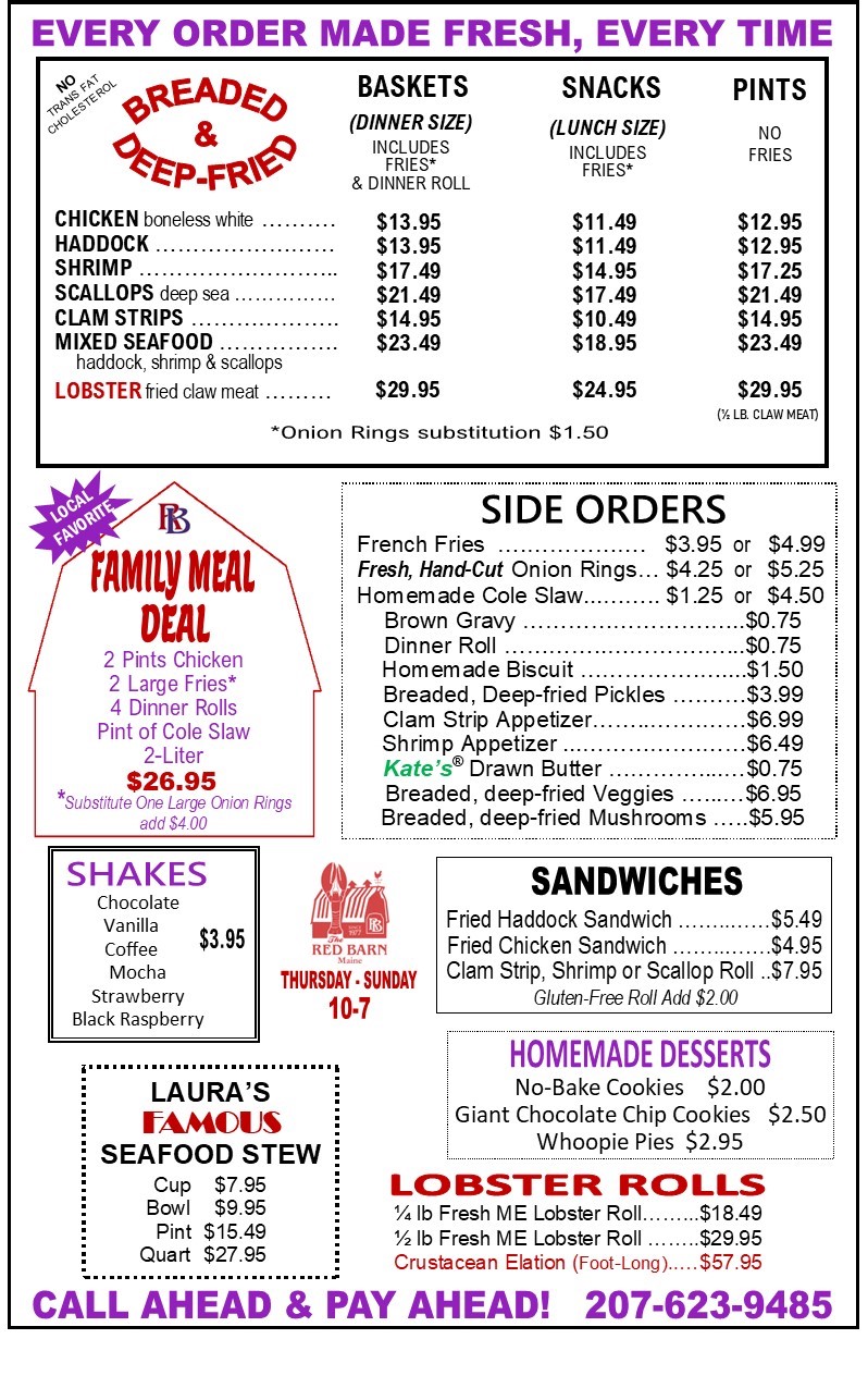 The Red Barn Chicken & Haddock Menu