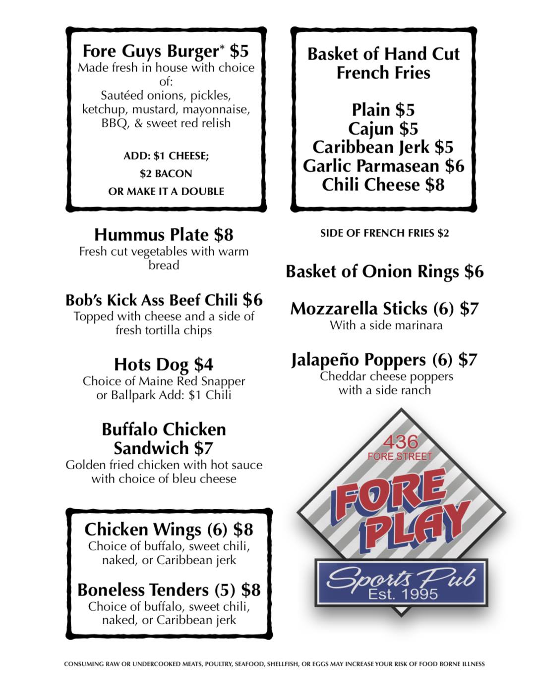 Fore Play Sports Pub Menu