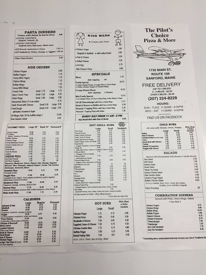 The Pilot Choice Pizza & More Menu