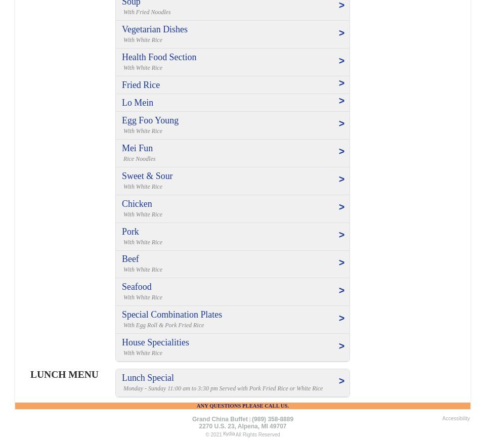 Grand China Buffet Menu