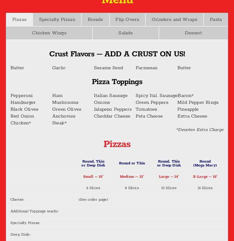 Mary Sacco's Pizza Menu