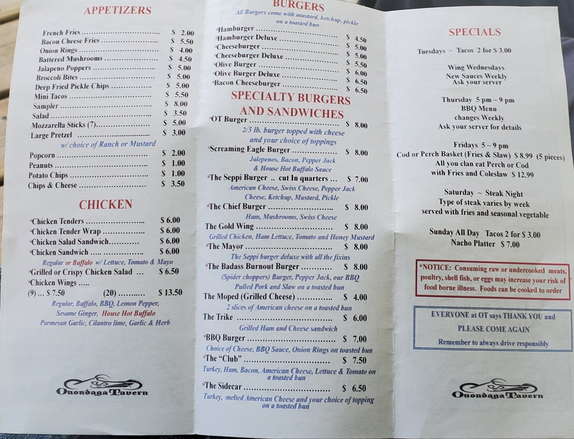 Onondaga Tavern Menu