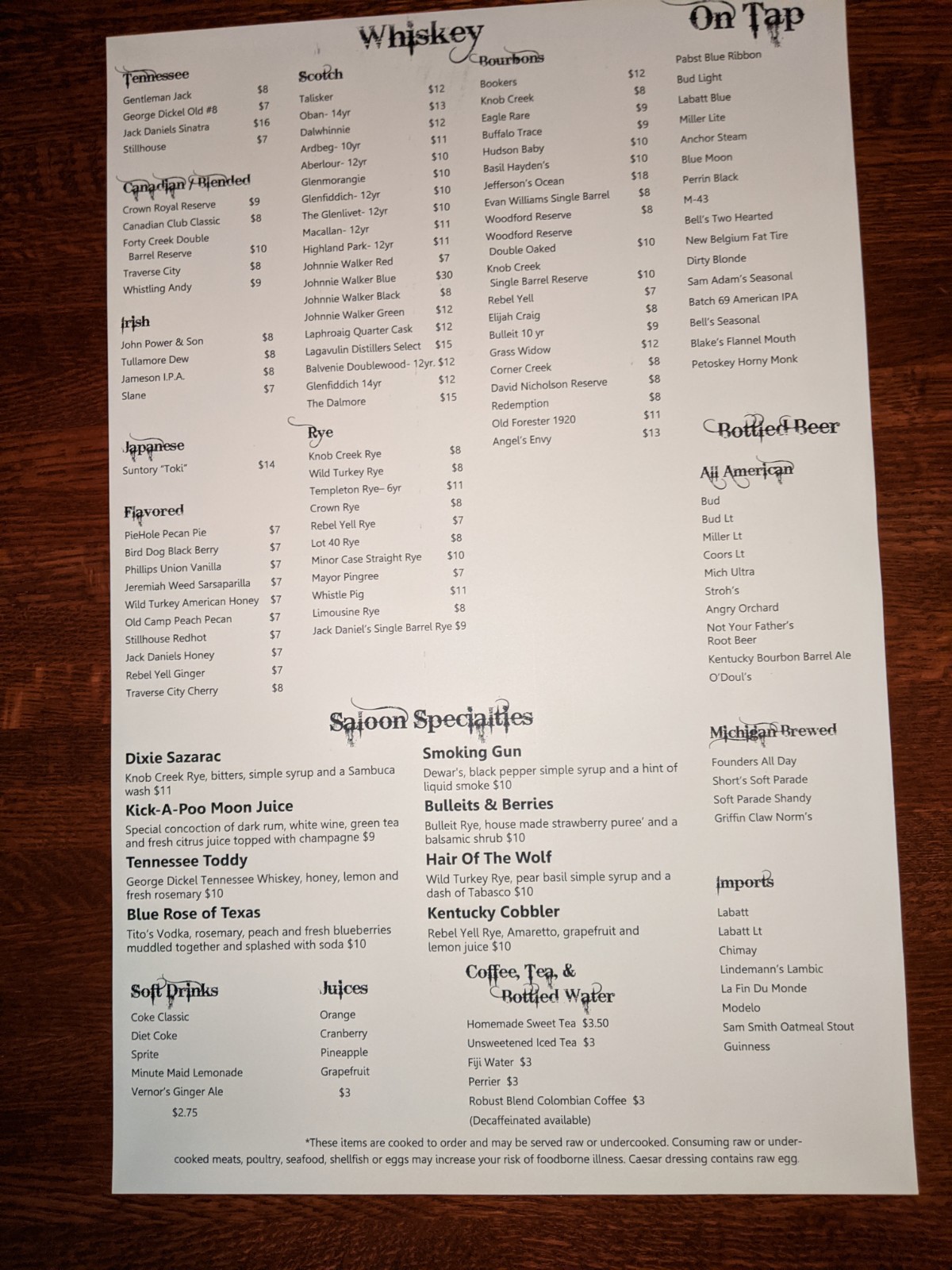 Dixie Moon Saloon Menu