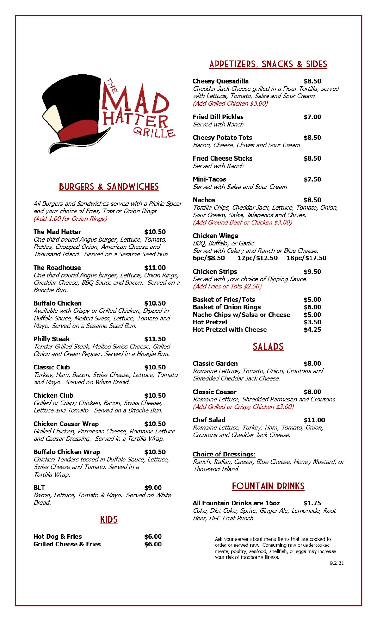 The Mad Hatter Pub Menu