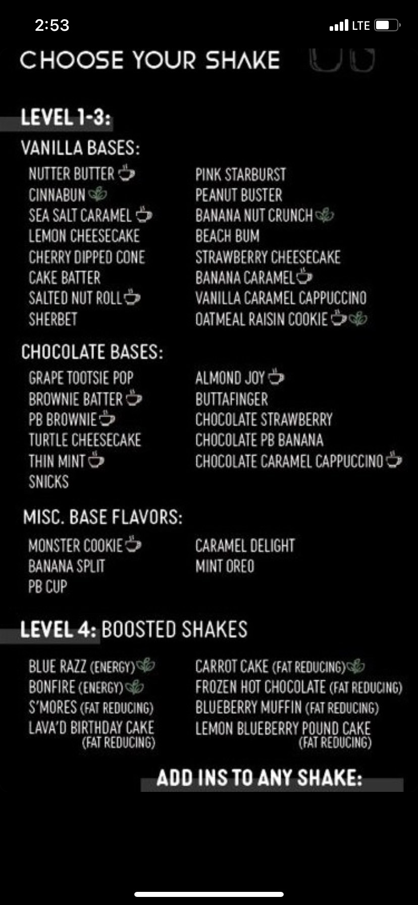 EleVate Nutrition Menu