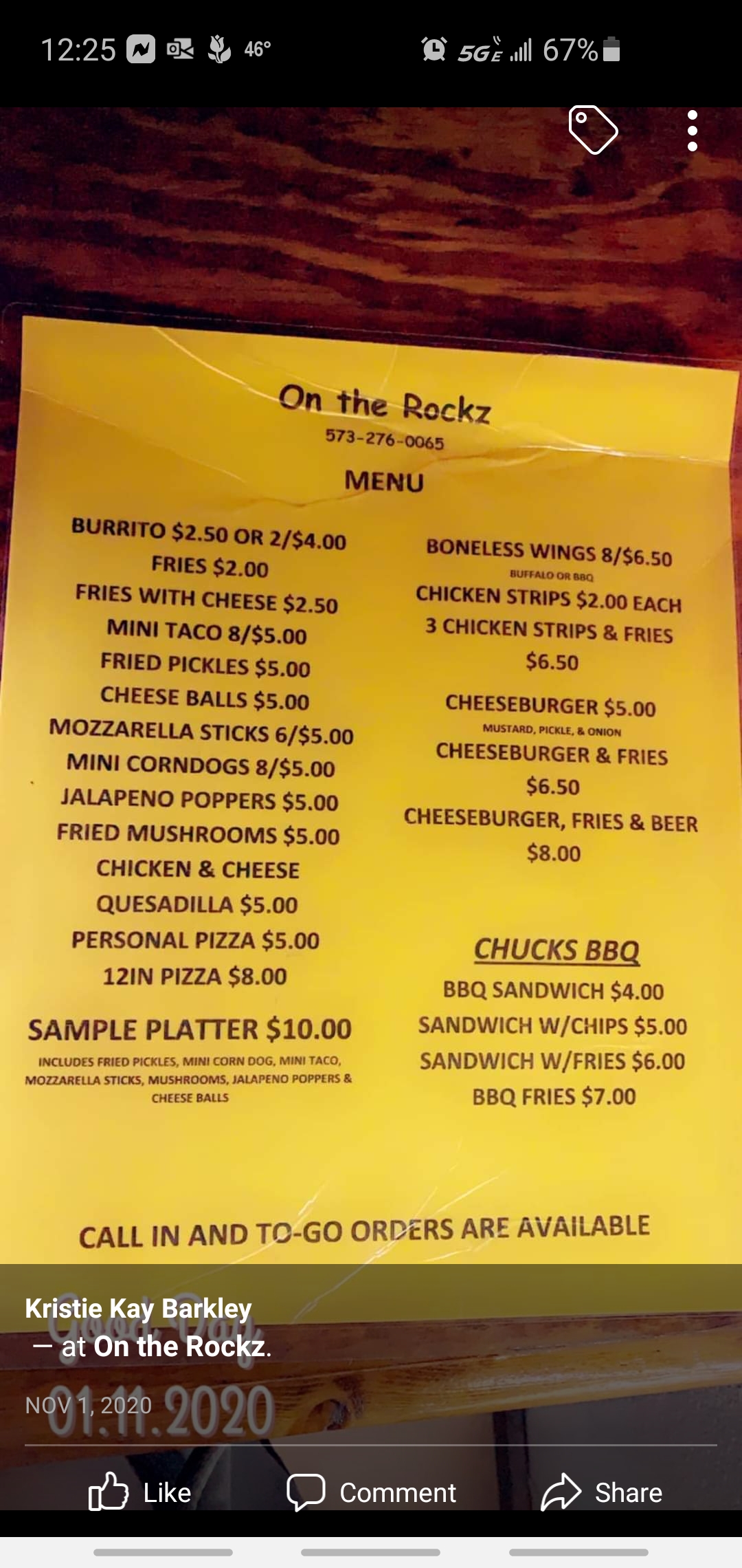 On The Rockz Menu