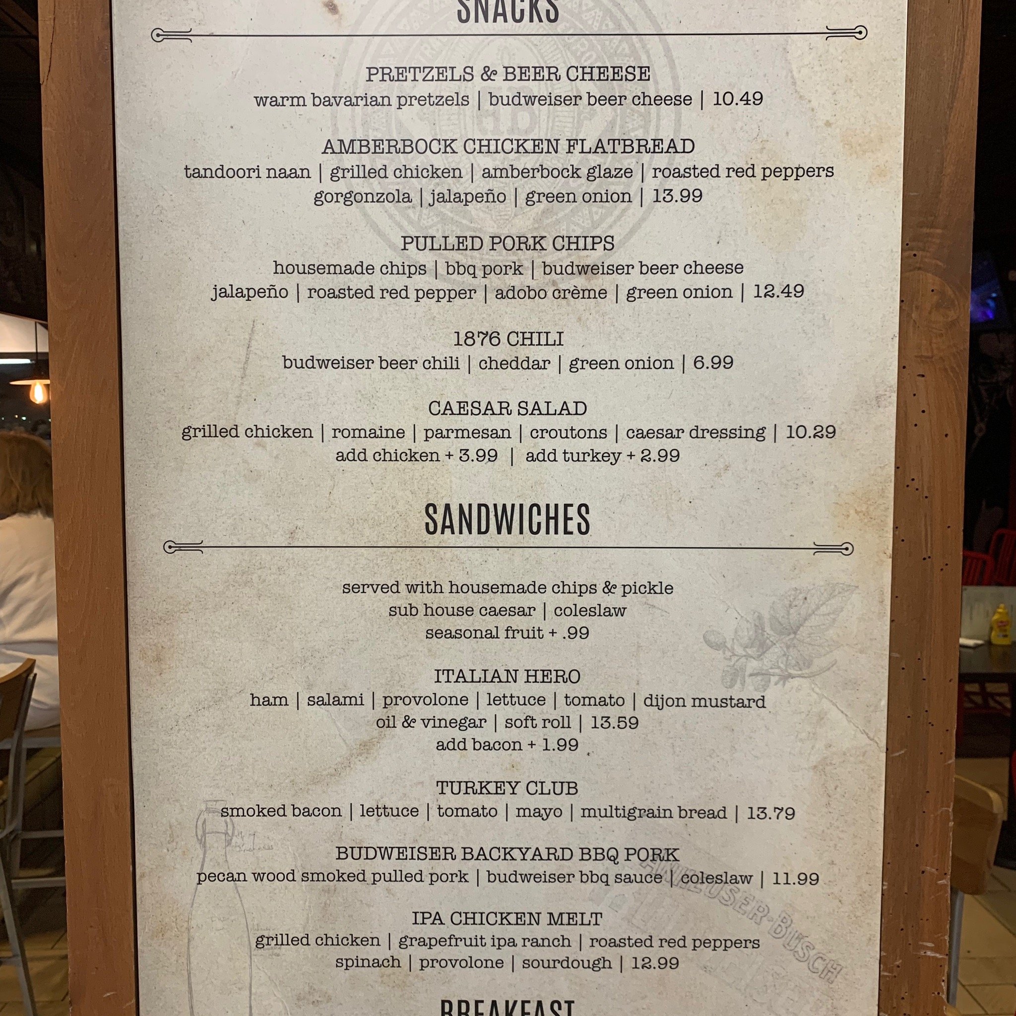 Budweiser 1876 Menu