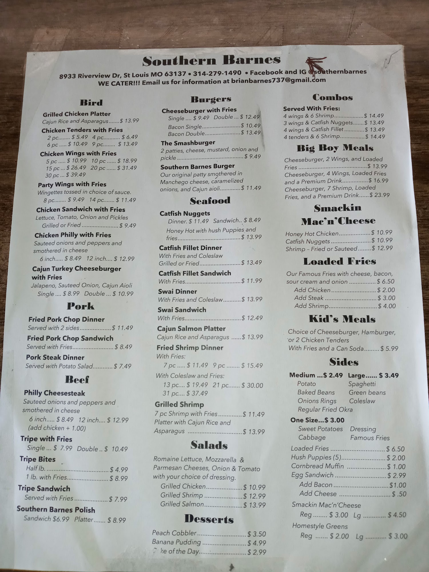 Southern Barnes Menu