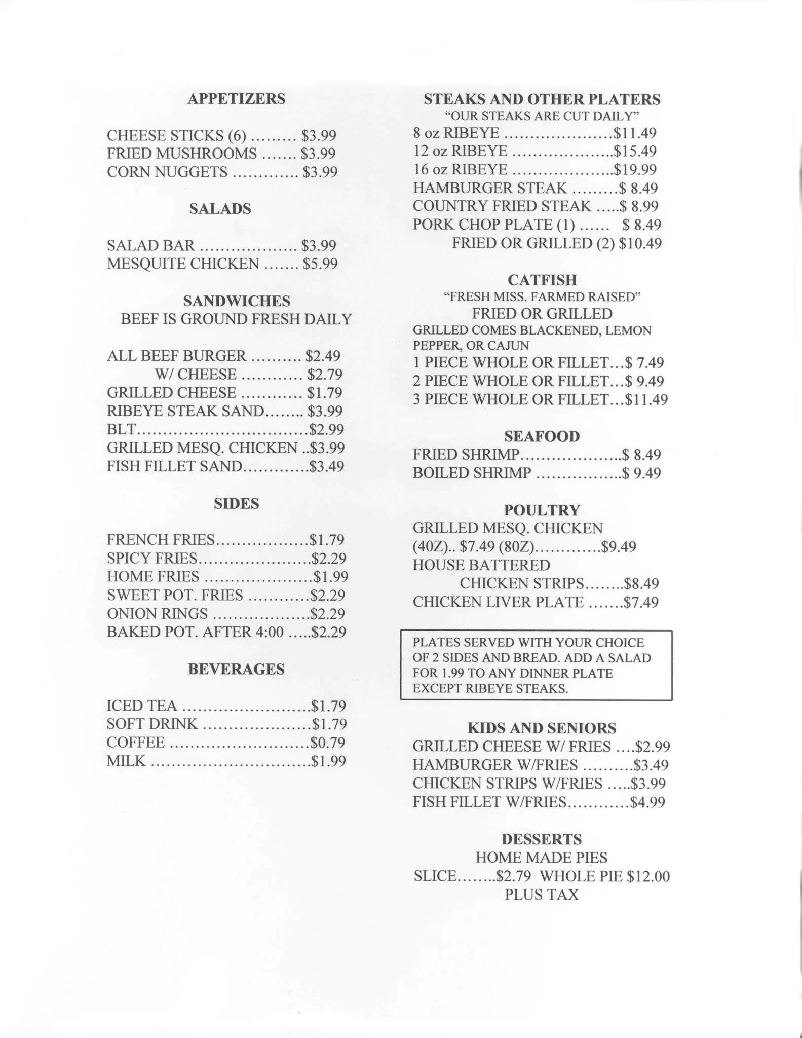 Moore's Restaurant Menu