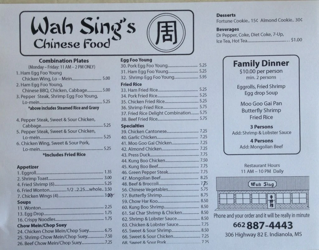 Wah Sings Chinese Menu