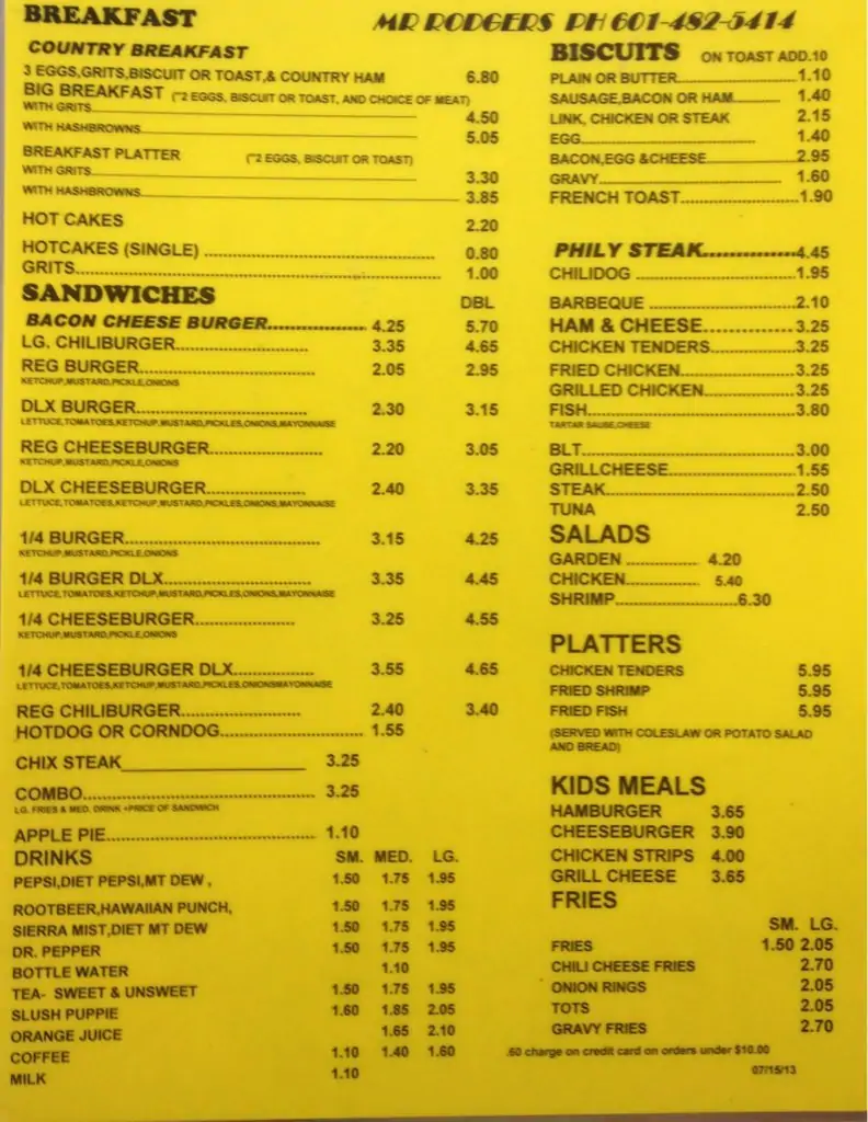 Mr Rodgers Hamburgers Menu