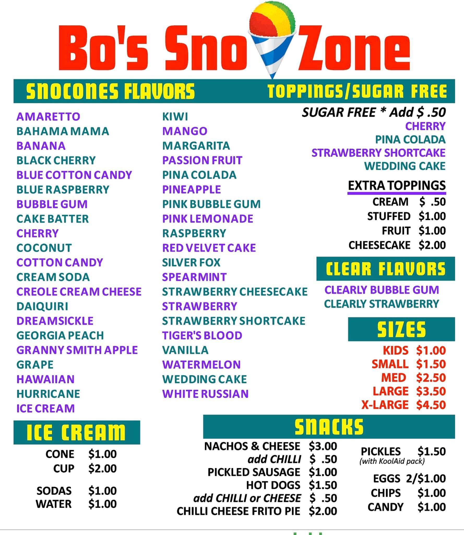 Bo’s snow zone & snacks Menu