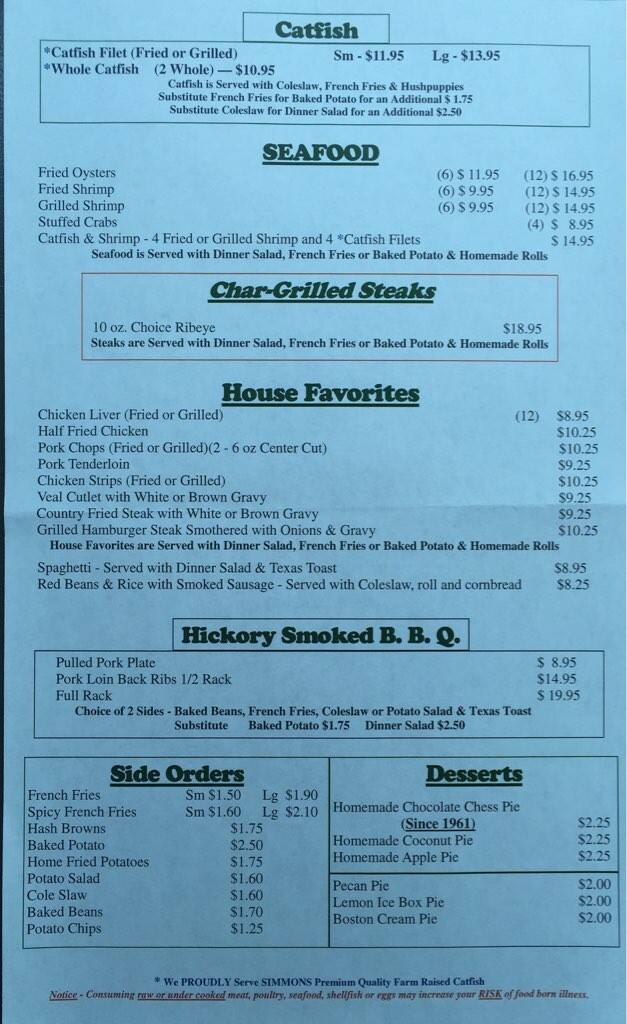 Stub's Restaurant Menu