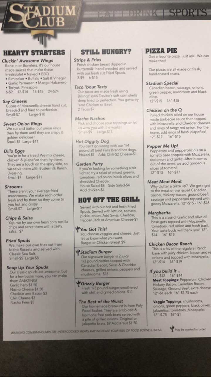 Stadium Club Menu