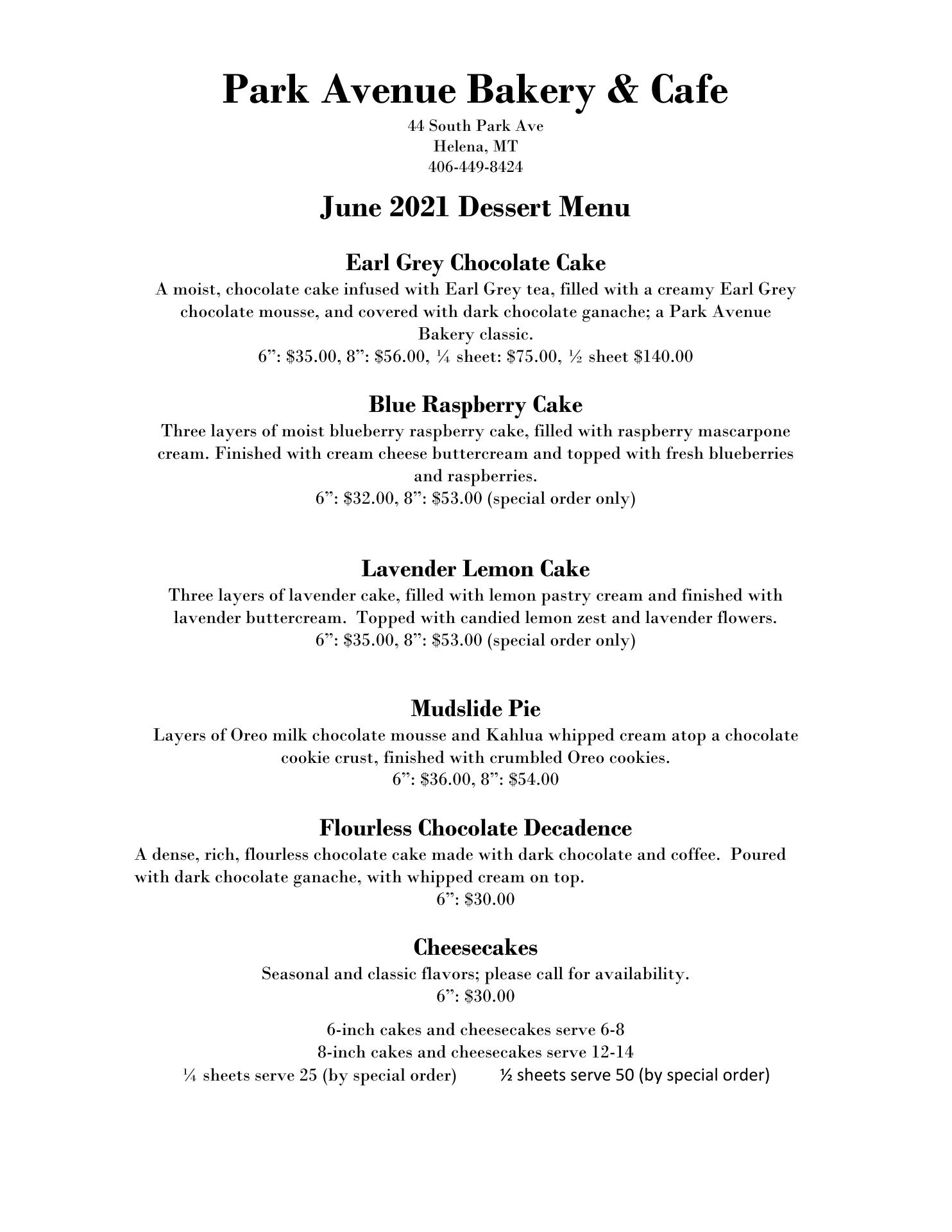 Park Avenue Bakery Menu