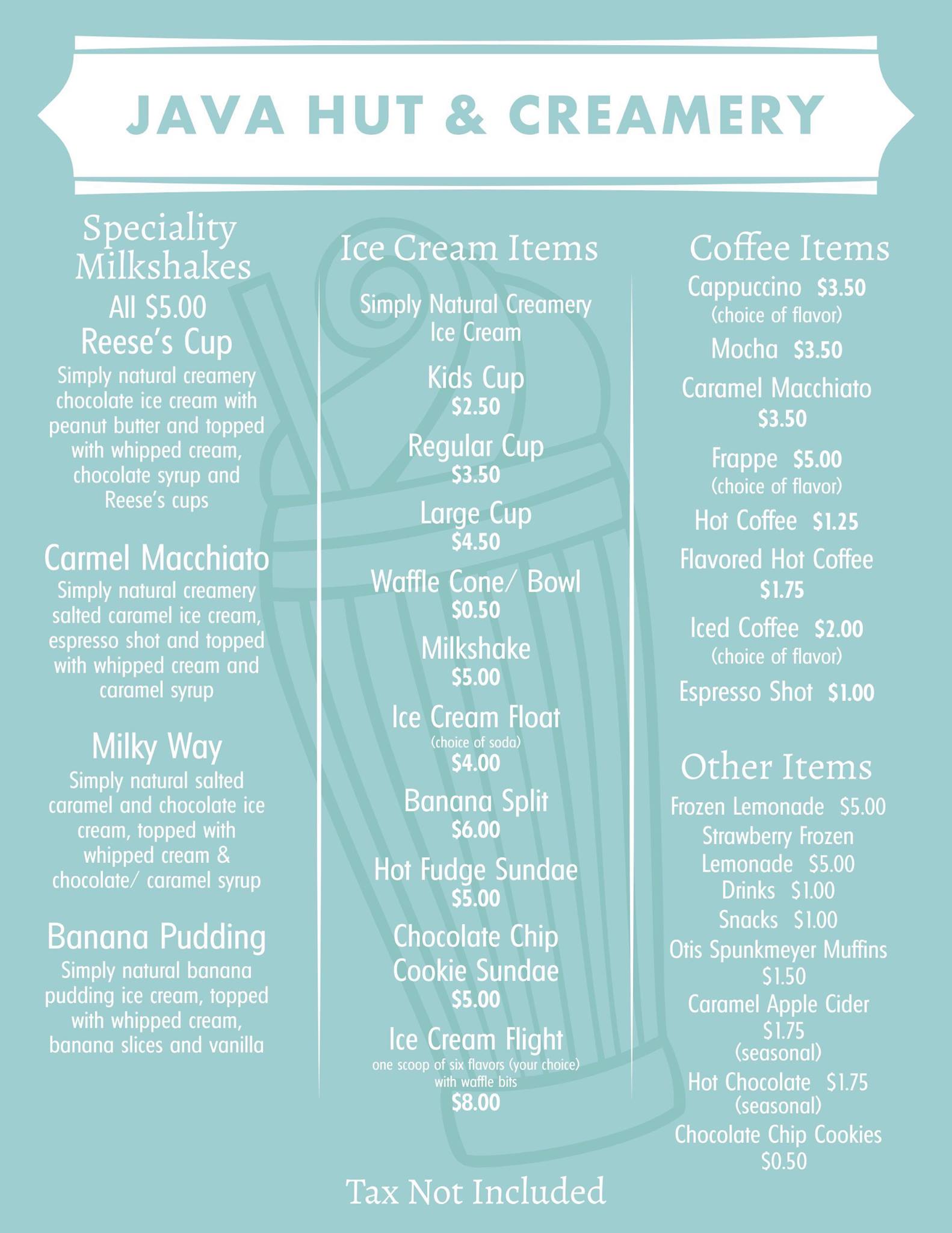 The Java Hut & Creamery Menu