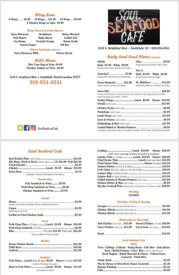 Soul Seafood Cafe Menu