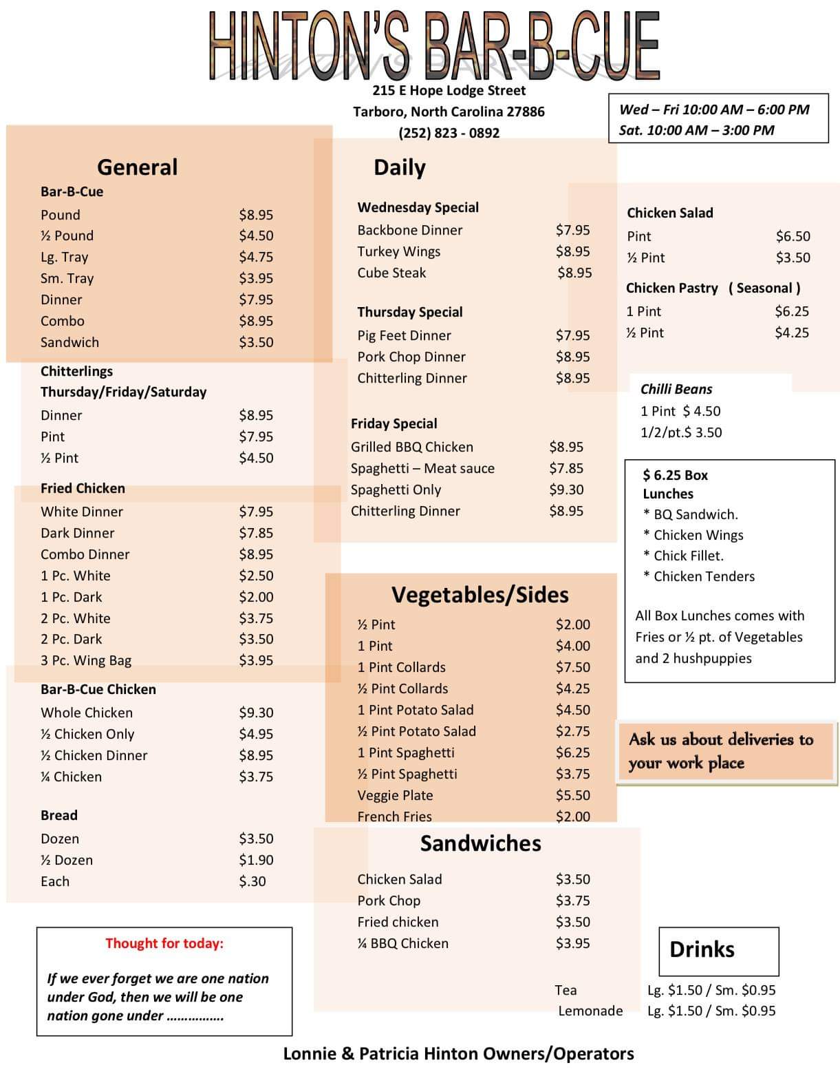 Hinton's Barbecue Menu